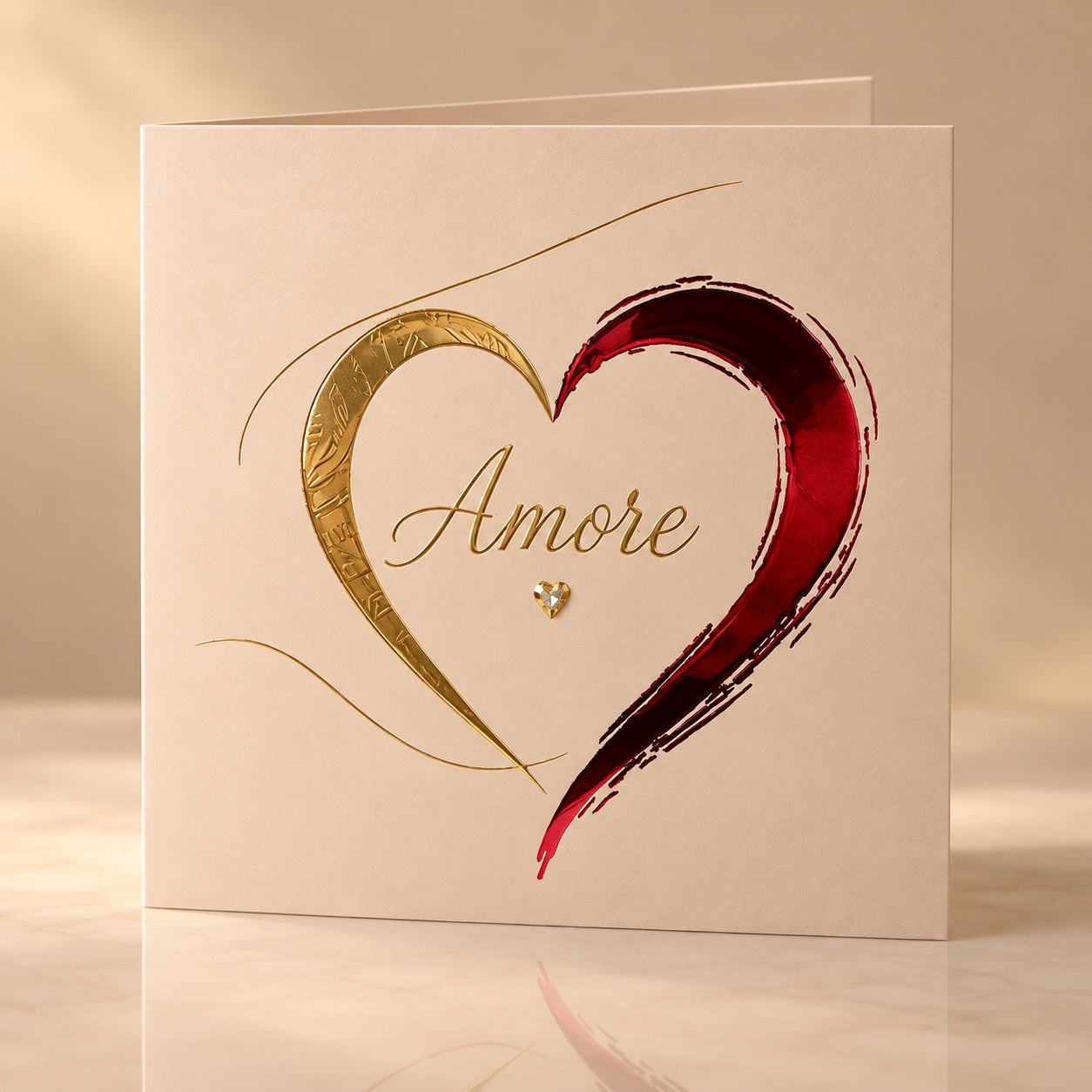 Amore — fronte del biglietto con cuore rosso e dorato